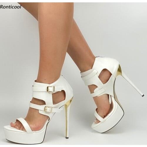Ronticool New Handmade Women Summer Platform Sandals Buckle Sexy Stiletto Heels Open Toe Elegant White Party Shoes US Size 5-20