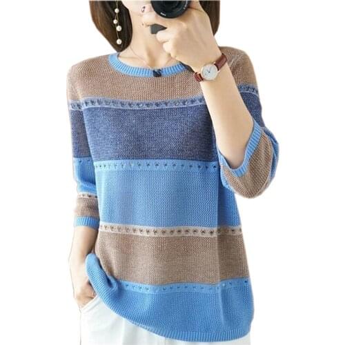 2021 Fashion Spell Color Sweater Tees Womens Spring Summer Thin Ice-Silk Loose Hollow Knitted Tops Soft Cozy Pullover KW496