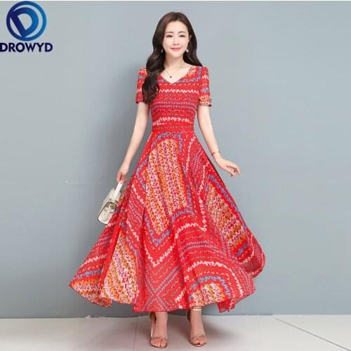 Fashion Casual Maxi Dress 2021 Summer Women V-Neck Short Sleeve Long Red Floral Print Elegant Slim A-Line Party Dresses Vestidos