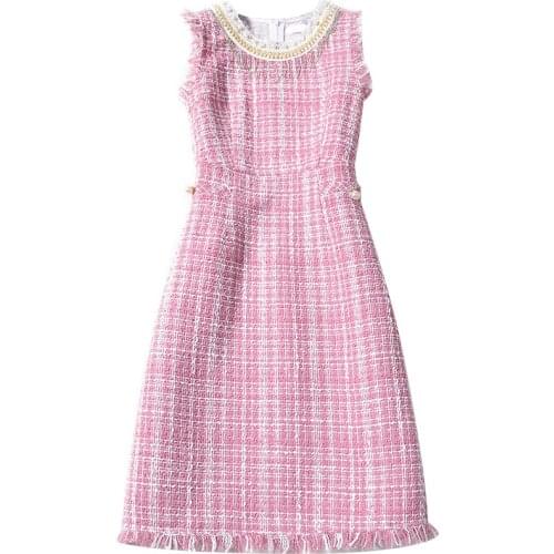 Tassles Beading Pearls Pocket Tweed Dress Women Sleeveless Plaid Slim Vest Dress Elegant Wool party Dress a-line