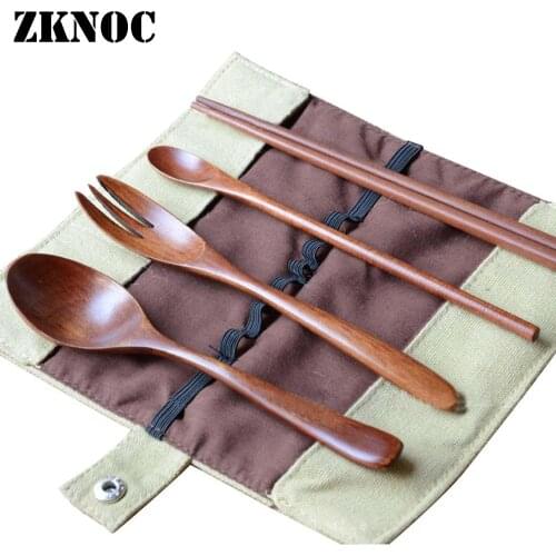 ZKNOC 4pcs Wooden Dinnerware Set Spoon Fork Chopsticks Stirring spoon Portable Utensil Western food Dinnerware Set pouch pack