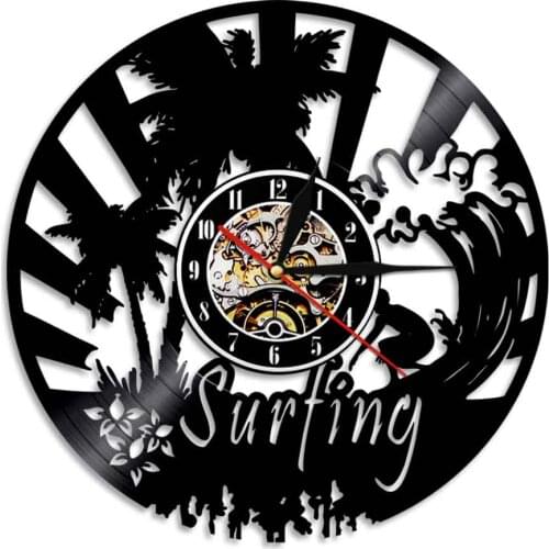 Summer Time Palm Tree Beach Silent Non Ticking Clock Riding On Waves Surfing Vinyl Record Wall Clock Surfers Man Cave Home Decor