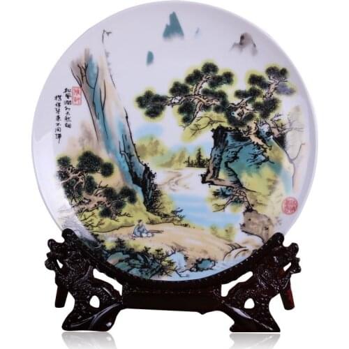 Jingdezhen ceramic decorative porcelain plate landscape sitting plate wine rack wall hanging plate