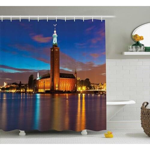 European Shower Curtain Stockholm Scenic Night at City Hall Old Town Enchanted Town Sweden View Bathroom Waterproof Curtains