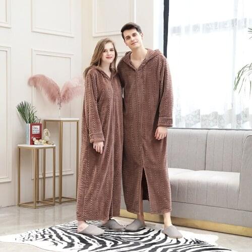 Men Women Zip Bathrobe Hooded Plus Size Maxi Long Nightgown Couples Thick Flannel Pajamas Bath Robe Sleepwear Autumn Winter