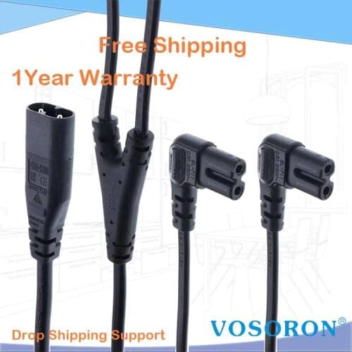 IEC320 C8 to 2X C7 Y Split AC Power Cord, IEC 2 Pole Male to Female 90Degree Right Angled extension cords,Length=39CM Black