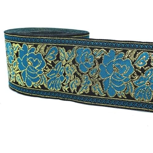 ZERZEEMOOY 2 inch 50MM 9YARD Woven Jacquard Ribbon Gold Wire And Lake Blue Rose Handmade Accessories MZZD19060408
