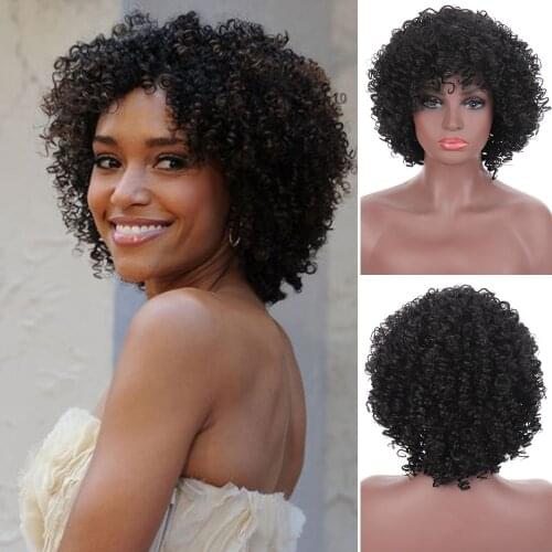 LVHAN brown and black chemical fiber curly hair fashion ladies fluffy short hair with bangs wig black female cosplay wig