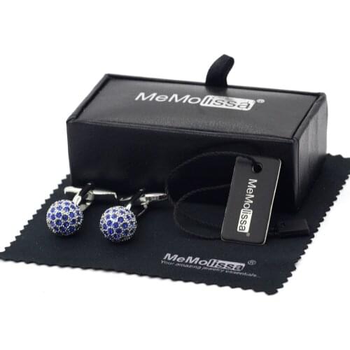 MeMolissa Display Box Cufflinks Classic Ball Cufflinks Silver with Blue Crystal High Quality Cufflinks Free Tag & Wipe Cloth