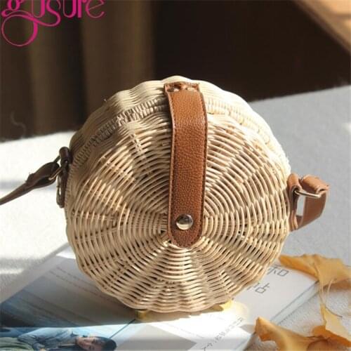 Gusure Cute Straw Bags Bohemian Bali Rattan Beach Handbag for Women Circle Lady Crossbody Bag Handmade Knitted Shoulder Bags