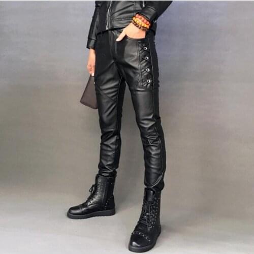 Autumn winter personality fashion motorcycle faux leather pants mens feet pants plus velvet warm trousers for men pantalon homme