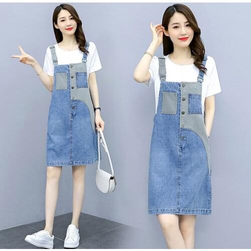 New Summer Women Dresses Plus Size Contrast Color Casual Patchwork Button Pockets Strap Jeans For Females Vest Denim One-Piece