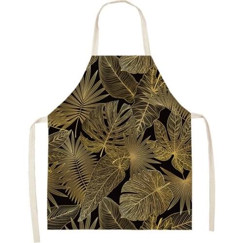 Glod Leaves Priinting Women Kitchen Aprons Cooking oil-proof Cotton Linen Antifouling Chef Apron 68X55CM