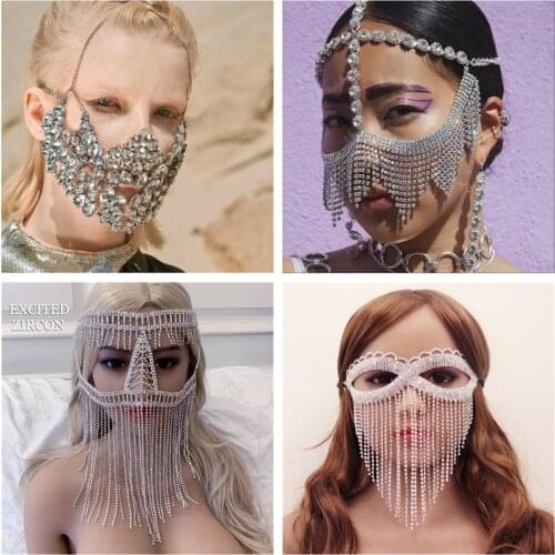 Tassel Luxury Crystal Masks Handmade Rhinestone Chain Face Mask Dance Party Costume Head Decor Facemask Mesh Party Show Jewelry