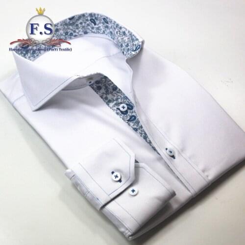Made to measure royal oxford flower trim men dress shirt with long sleeve, easy care finish