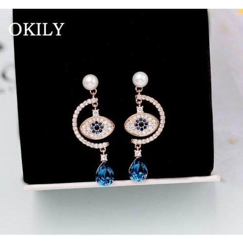 OKILY Delicate Gold Color Evil Eye Dangle Earrings Copper with Blue Zircon Pearl Earrings for Women Trendy Jewelry Accessories