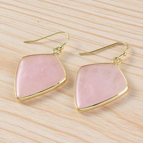 Trendy-beads New Stylish Light Yellow Gold Color Natural Rose Pink Quartz Geometric Stone Earrings For Women Fashion Jewelry