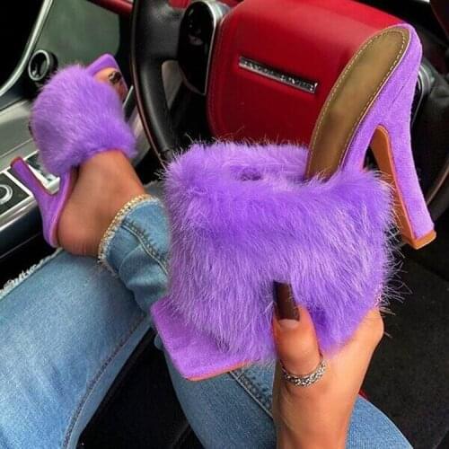 Summer Luxury Celebrities Women Pumps Fluffy Faux Fur Solid High Thin Heel Peep Toe Elegant Fashion Ladies Shoes Female Trend