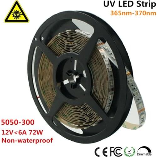 Ultraviolet LED Strip, 365nm-370nm 16.4FT 72W 5M 12V SMD5050 300LEDs UV Ultraviolet for UV Curing, Metal Crack ST140