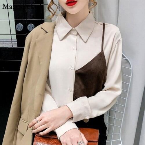 Spring Autumn New Chiffon Blouse Femme Stitching White Long Sleeve Top Female Loose Cardigan Button Up Shirt Camisas Mujer 12059