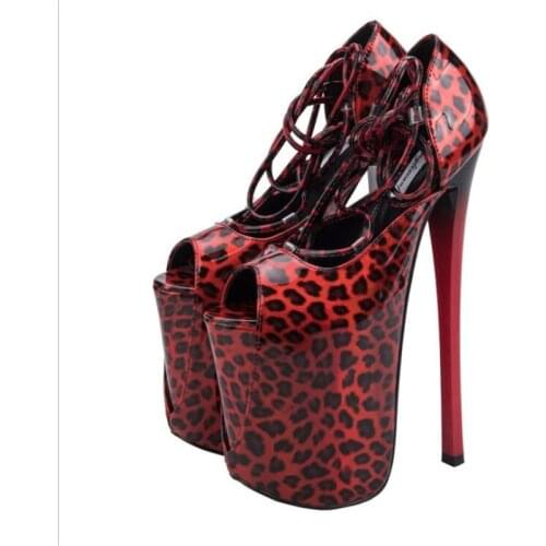 Pumps Ladies Platform Sandals woman 22cm Thin high heels zapatos mujer Stiletto Crossdresser Lace-Up Leopard Print shoes