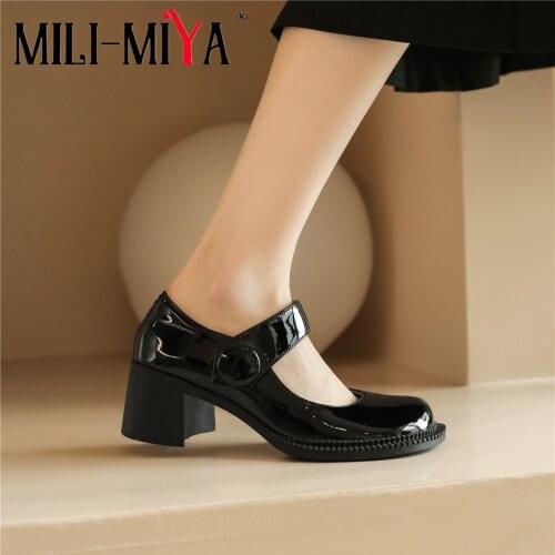 MILI-MIYA Fashion Design Women PU Leather Pumps Round Wide Head Square Heels Solid Color Mary Janes Shoes For Ladies Size 34-41