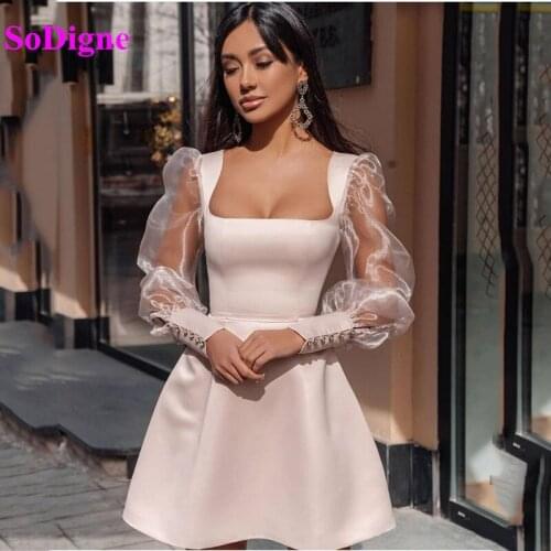 SoDigne Simple Pink Satin A Line Prom Dresses Long Sleeves Homecoming Gown Ankle Length Graduation Party Dress
