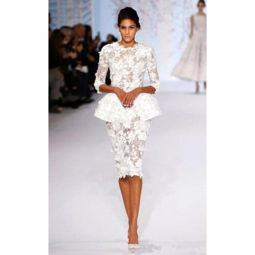 Knee Length Prom Dress Sheath 3/4 Sleeves Appliques Lace Short Prom Gown Evening Dresses Robe De Soiree