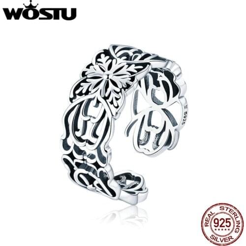 WOSTU 2019 European 925 Sterling Silver Flower Vintage Ring Finger Adjustable Size Rings For Women Party Silver Jewelry CQR500