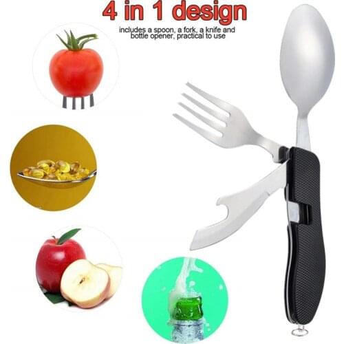 4-in-1 Portable Camping Utensil Stainless Steel Folding Fork Knife Spoon Bottle Opener Set Multifunction Outdoor Tableware