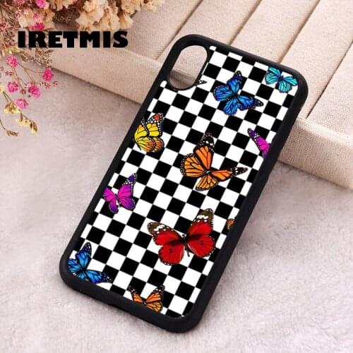 Iretmis 5 5S SE phone cover cases for iphone 6 6S 7 8 Plus X Xs Max XR 11 12 MINI Pro black checkerboard colorful butterflies