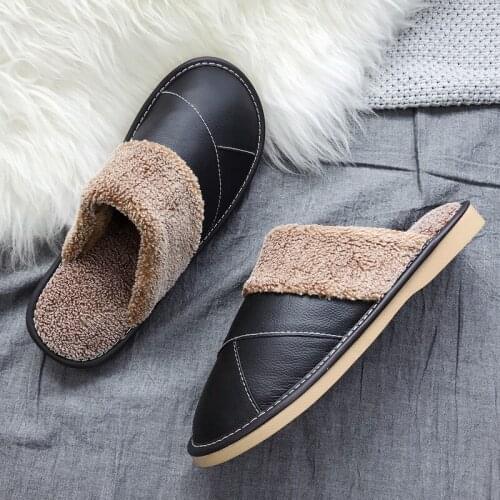 Genuine Leather Warm Home Slippers Couples Comfortable Indoor Slippers Thick Sole Anti-Slip Home Shoes for Men/Women