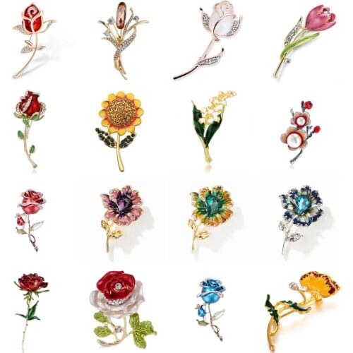 Elegance Flower Brooch Pin Rhinestone Fashion Jewelry Rose Flower Brooch Metal Pin Lady Garment Accessories