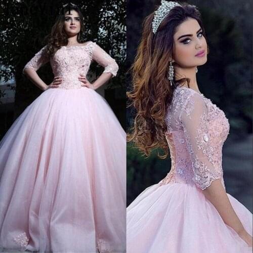 JaneVini Elegant Princess Pink Ball Gown Quinceanera Dresses Scoop Neck Appliques Beaded Saudi Arabic Tulle Dress Sweet 16 Party