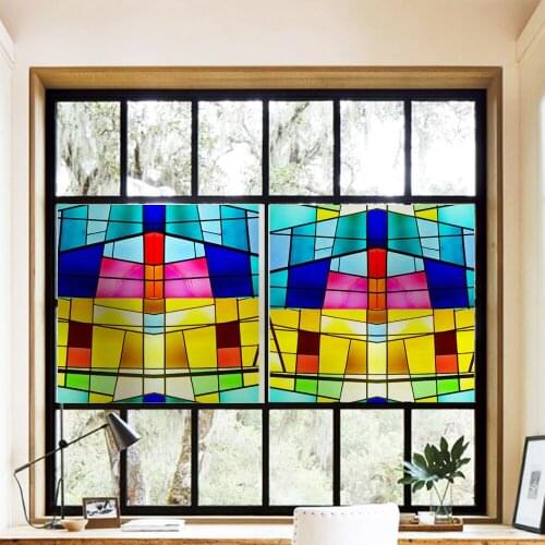 Stained Glass Window Film Privacy Static Cling Decorative Glass Film Geometric grid Pattern Window Covering Blackout Film