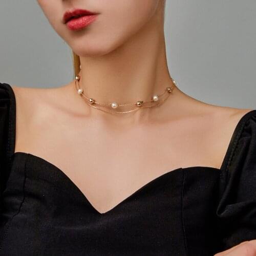 Korean Fashion Imitation Pearl Beads Choker Necklace Cute Double Layer Gold Chain Necklace for Women Wedding Party Jewelry Gifts