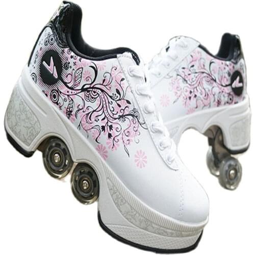 2021 Leather Pink Roller Skates Deformation Shoes with 4 Wheels Adults Unisex Casual Shoes Children Skates Double Wheel Shoes