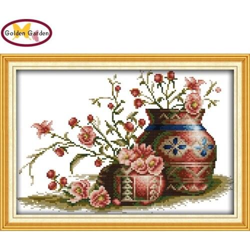 GG Flower In Pot Cross Stitch Pattern Needlework Embroidery Kit Counted Printed Canvas JoySunday Cross Stitch Set for Home Decor