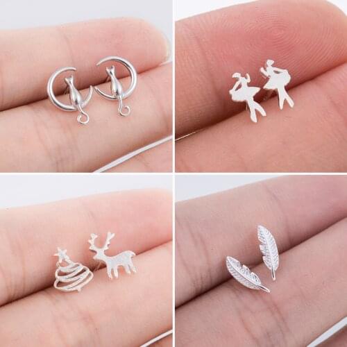 Silver Color Small Ballet Stud Earrings for Wome Kids Cute Deer Leaf Feather Earings Trendy Jewelry Moon Cat Earing Accessories