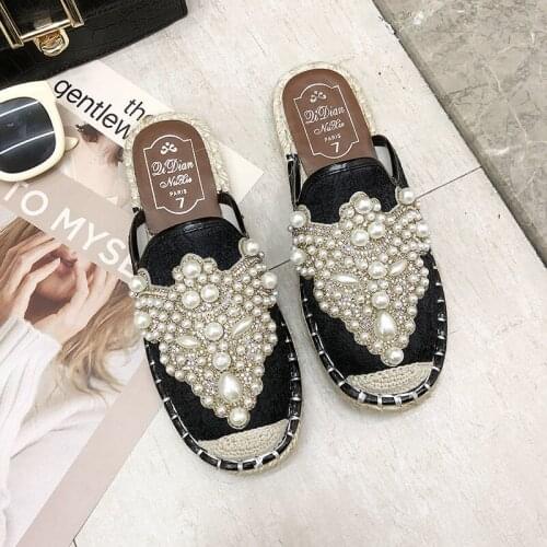Apanzu Womens Lazy Shoes 2021 Spring And Summer New Slides Flat-Bottomed Baotou Half Slippers Beaded Pearly Flats Sandals Black