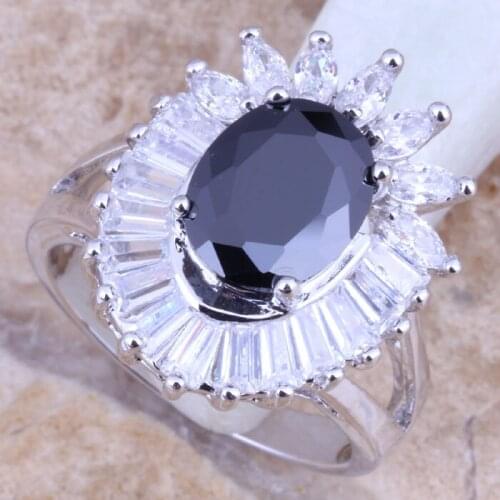 Admirable Black Cubic Zirconia White CZ Silver Plated Womens Ring Size 5 / 6 / 7 / 8 / 9 R1397