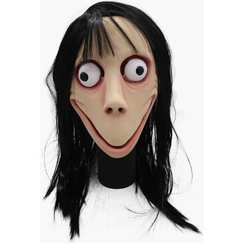 Funny Scary Momo Hacking Game Cosplay Mask Adult Full Head Halloween Ghost Momo Latex Mask with Wigs