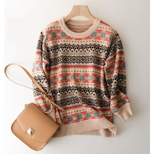 Ethnic Style Cashmere Wool Flower Knit Pullovers Women O-Neck Sweater Loose Elegant Thicked Print Winter Casual Sweater