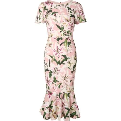 Customize Made Women Summer Fashion Casual Plus Size 3XS-10XL Lily Flower Print O Neck Batwing Sleeve Midi Mermaid Dress