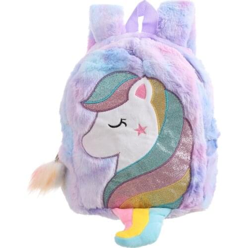 Winter Fur Unicorn Backpacks For Girls Cute Kindergarten Backpack Rainbow Schoolbag Cartoon Baby School Bags Childrens Gift