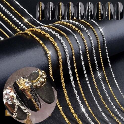 1Pcs 3D Punk Gold Silver Nail Art Decal Tips Tiny Line Chain Nail Studs Charming Metal UV Decorations DIY Manicure Design Tools