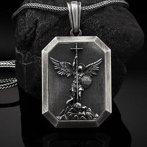 Angel Guardian Titanium Steel Mens Old Vintage Pendant Necklace Long Sweater Chain Necklace Pendant