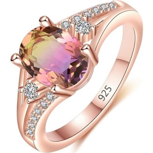 Shiny Rose Gold Filled with Zircon Bridal Ring Natural Large Gem Wedding Engagement Jewelry Gift