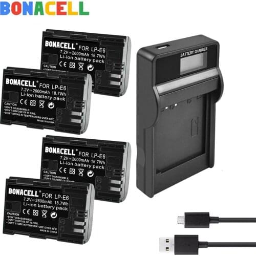 Bonacell 2.6AH LP-E6 Batteries + LCD charger For Canon 5D Mark II Mark III 6D 7D 60D 60Da 70D 80D DSLR Camera li-ion battery