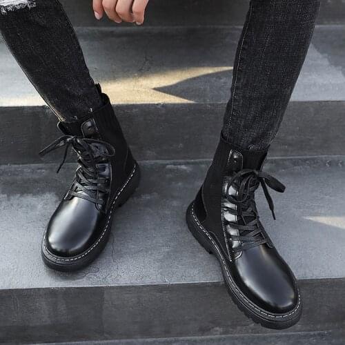 Black Martin Boots Mens Korean Style Trend All-match British Style Mid-cut Boots Thick-soled Inner High-top Leather Shoes